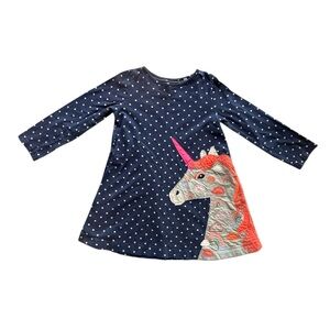 Mini Boden Unicorn Appliqué Dress - Navy Polka Dot Long Sleeve - Size 5-6Y